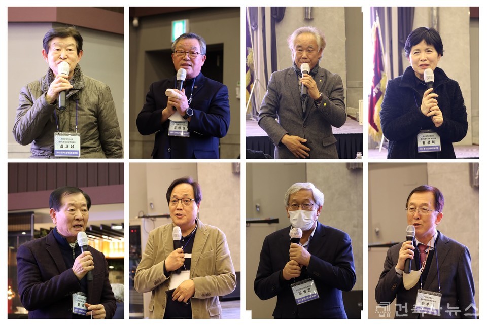 (좌측 상단부터)최재남 역대회장, 조성원 역대회장, 백승유 역대회장, 황정복 역대회장, 윤영재 역대회장, 정종식 대한건축사협회 부회장, 김병진 경기도건축사신협 이사장, 손수일 고문변호사가 차례로 덕담과 축사를 전했다. 