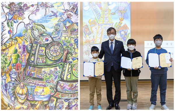 전체대상 춘천교대부설초6학년 윤정은 학생의 ‘평화방공호 마을로 초대합니다’(좌)(자료제공=강원도건축사회)