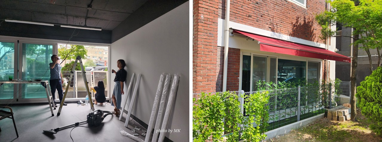 (좌)수원지역건축사들의 자발적인 재능기부(사진=장미경),  (우) 여성건축사들의 어닝 기부(사지=방윤홍)