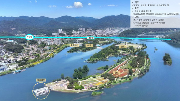 자라섬경관 및 위치안내도(사진제공=가평군, 자료작성=송선부)