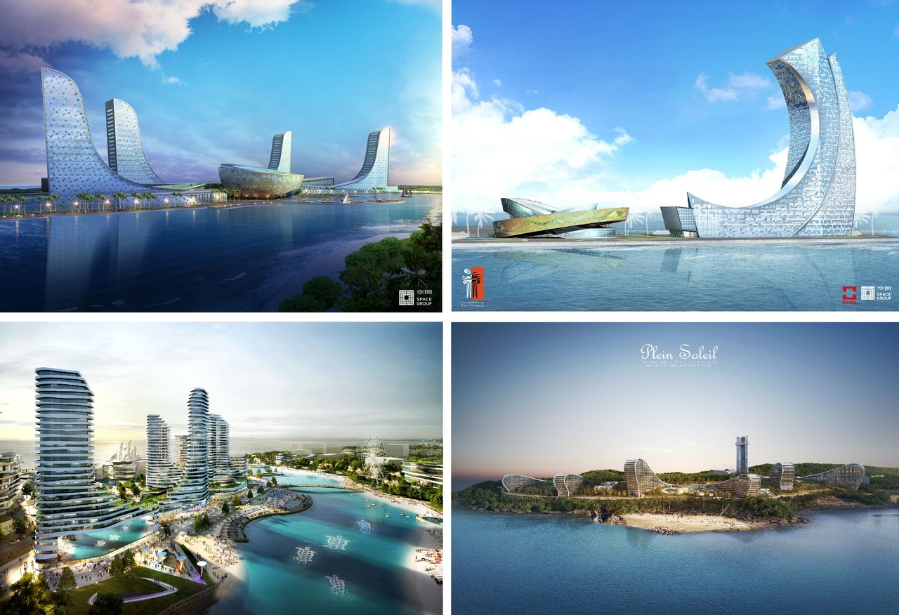 (좌측부터 시계방향)리비아 뱅가지 복합시설, 리비아 트리폴리 호텔(ECOT HOTEL), 원산도 대명리조트, 거북섬 해양레저 복합단지 설계안 조감도(자료제공=테라건축사사무소)