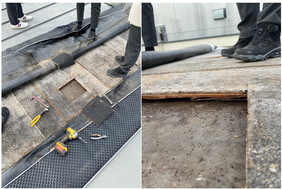 A건물 현장 조사 시 내수합판이 젖어있고 우레탄보드 보온판 상부에 물이 흥건한 상태(사진=오대석)